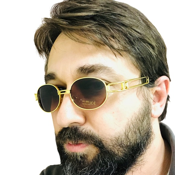 Oval‎ Sunglasses Gold Frame Brown Lens UV400 Protection Fashion Shades Hip Hop - Picture 1 of 3
